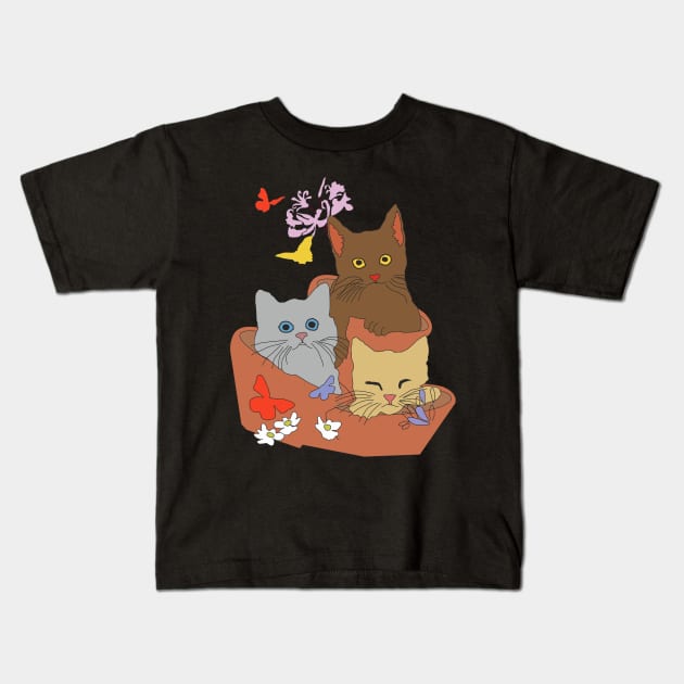 Cats and Kittens in a floral basket Kids T-Shirt by Alex